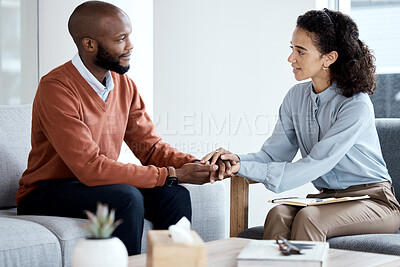 Buy stock photo Psychology, support and black woman, psychologist or therapist holding hands, client empathy and depression. Mental health, counseling and therapy patient talking of problem, health expert listening