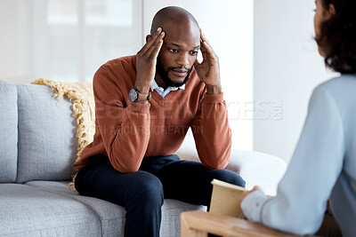 Buy stock photo Black man, mental health and therapy with stress headache, psychologist and depression with help. Psychology consultation, doctor with patient and discussion about anxiety problem, sad and depressed