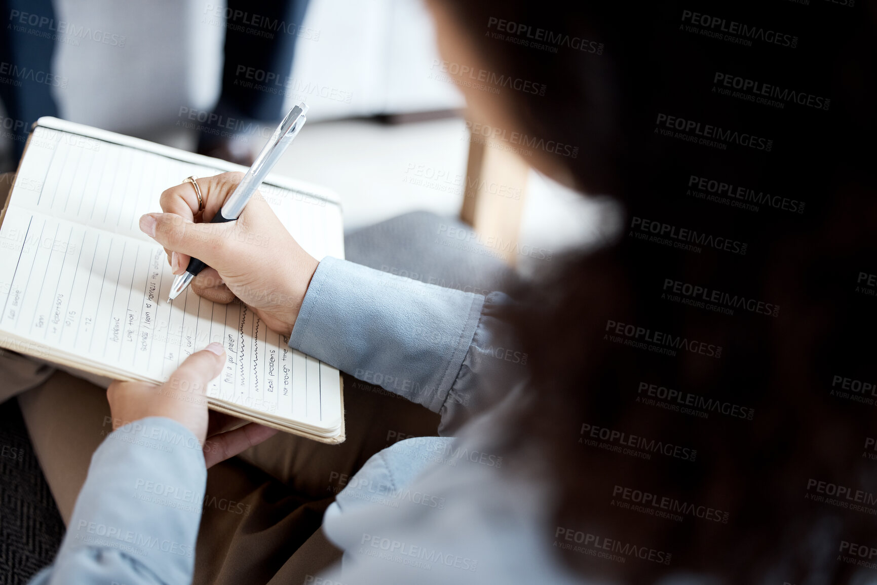 Buy stock photo Psychologist hands, notebook and writing in therapy, counseling or psychology consultation. Therapist, healthcare expert or professional person with notes in session, patient or client problem review