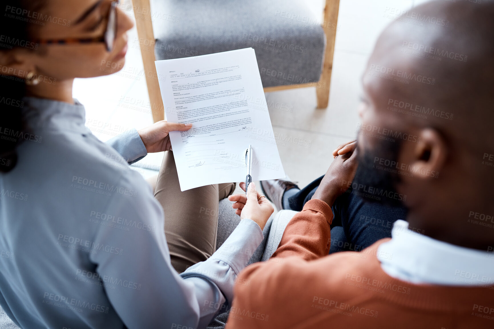 Buy stock photo Document, medical agreement and black man with woman sign paperwork, health insurance and legal contract. Communication, doctor in psychology and patient, consultation to explain terms and conditions