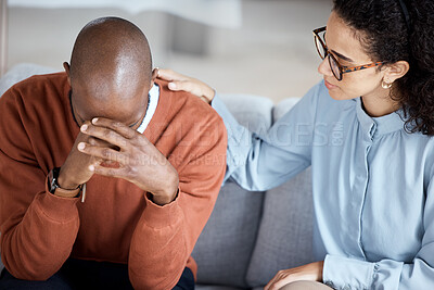 Buy stock photo Support, therapy and woman with black man, help with grief and depression in office. Mental health, female psychologist and African American male patient with sadness, anxiety and anxious with loss 