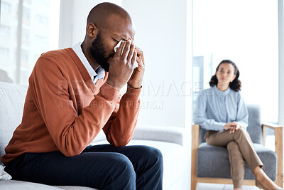 Buy stock photo Crying, depression and black man for psychologist help, support and services of patient mental health. Counseling, psychology and USA therapy, therapist woman consulting client depressed, sad or fear