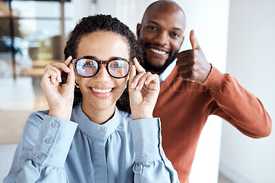 Buy stock photo Glasses, portrait and woman with a thumbs up from an optician for the choice of frame in a store. Yes, agreement and girl with eyeglasses from a black man giving vision service with a hand sign