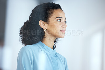 Buy stock photo Black woman, office and thinking with corporate vision with ideas, brainstorming and strategy for PR job. Public relations manager, motivation and mindset for goals, mission and career development