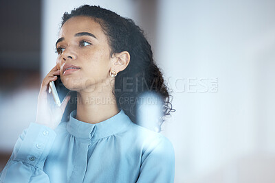 Buy stock photo Black woman, office phone call and thinking for discussion, negotiation and planning for goals, vision and idea. Corporate communication expert, smartphone and conversation for networking for crm job