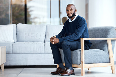 Buy stock photo Psychologist, waiting and black man sitting on chair at work, job or modern workplace in modern office lounge. Portrait, employee and African American businessman or therapist with positive mindset