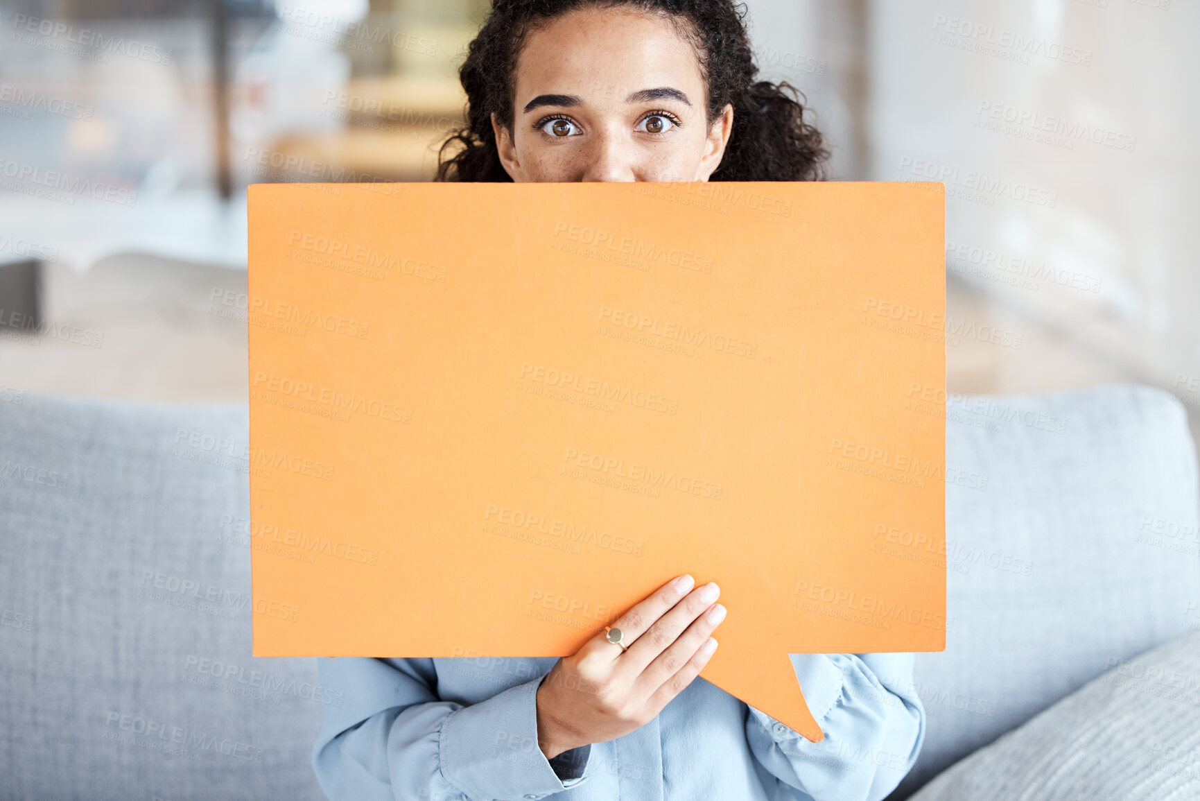 Buy stock photo Black woman, speech bubble and space for opinion, idea or advice for therapy, mental health and helping hand. Psychology expert portrait, sofa and poster for mockup, communication and support at job