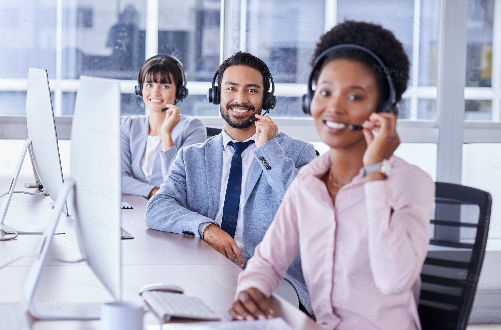 Buy stock photo People, call center and portrait smile in contact us for telemarketing, customer support or service at office. Group of consultants smiling with headset in CRM agency for online advice, team or help