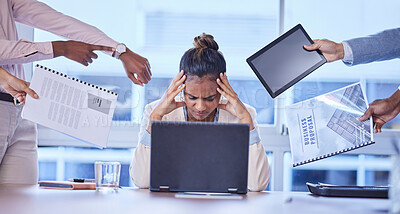 Buy stock photo Stress, headache and business woman with group of people  for multitasking, workload or chaos in office. Overwhelmed, burnout and corporate employee suffering pressure with team, compliance or report