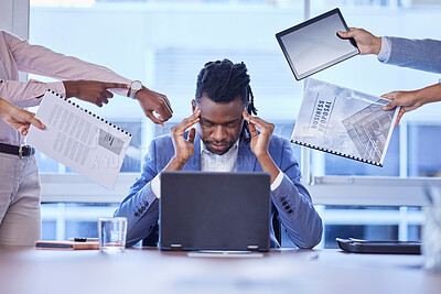 Buy stock photo Headache, stress and businessman with hands of group for multitasking, deadline or chaos in office. Overwhelmed, burnout and corporate employee suffering pressure for team, report or compliance blame