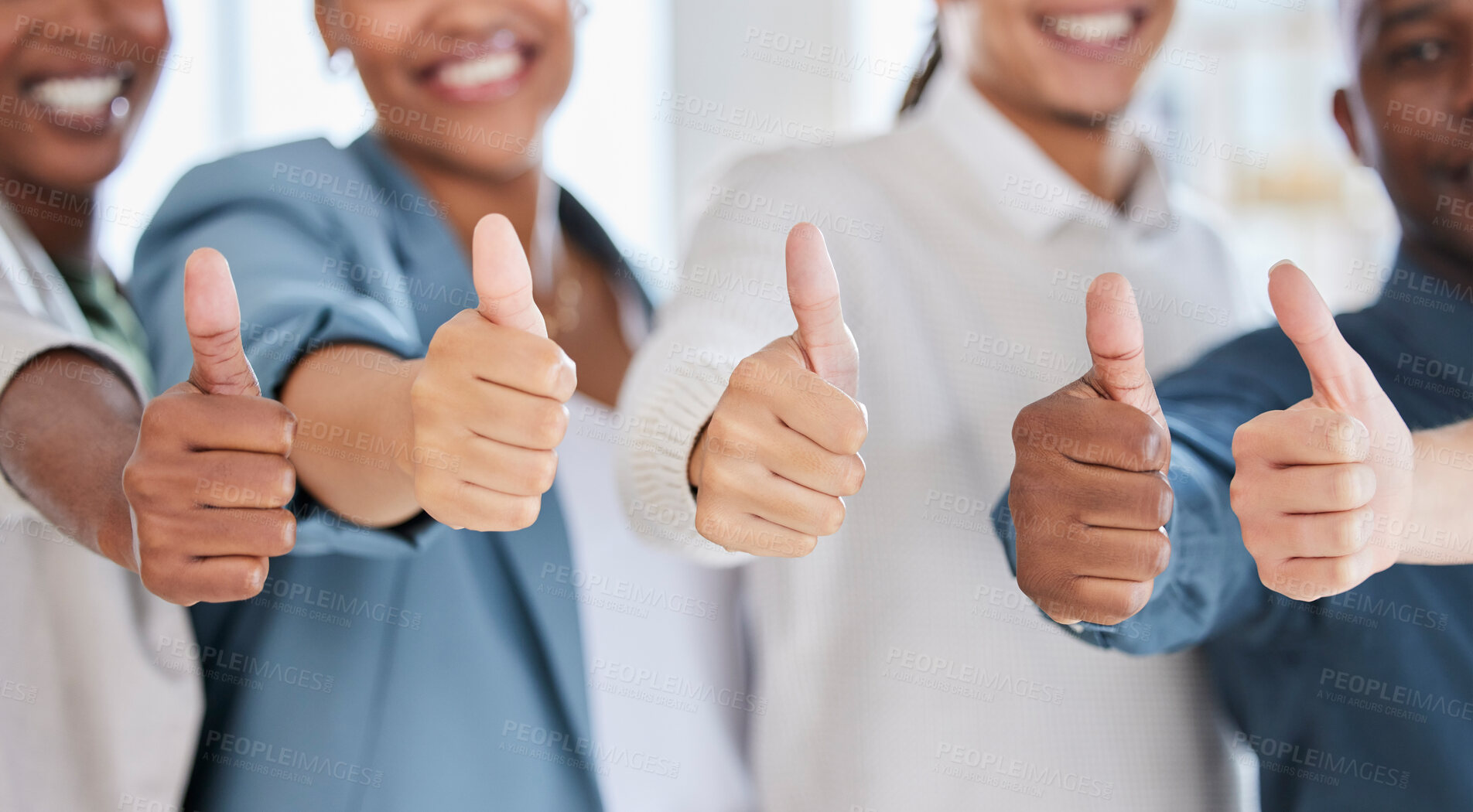 Buy stock photo Thumbs up, success and support with hands of business people for yes, approval and emoji. Diversity, community and winner with employee and positive gesture for agreement, thank you and achievement 