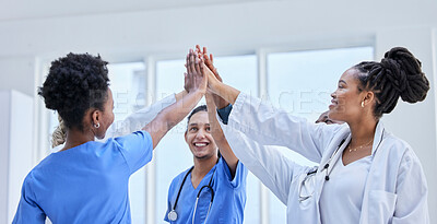 Buy stock photo Success, high five and teamwork with doctors in hospital cheering for celebration, support or goal. Medical, healthcare and medicine with group of people and gesture for achievement, target or winner