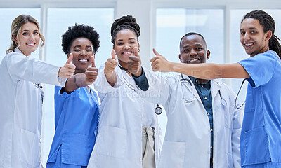 Buy stock photo Doctors, nurses and portrait in thumbs up for teamwork, support and hospital diversity mission. Professional medical people or women with employees for healthcare like, vote or thank you emoji hands