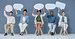 Speech bubble, mockup and feedback communication with business people for social media, vote and review. Mock up portrait, chat sign and group of employees with voice, ideas and opinion for hiring.