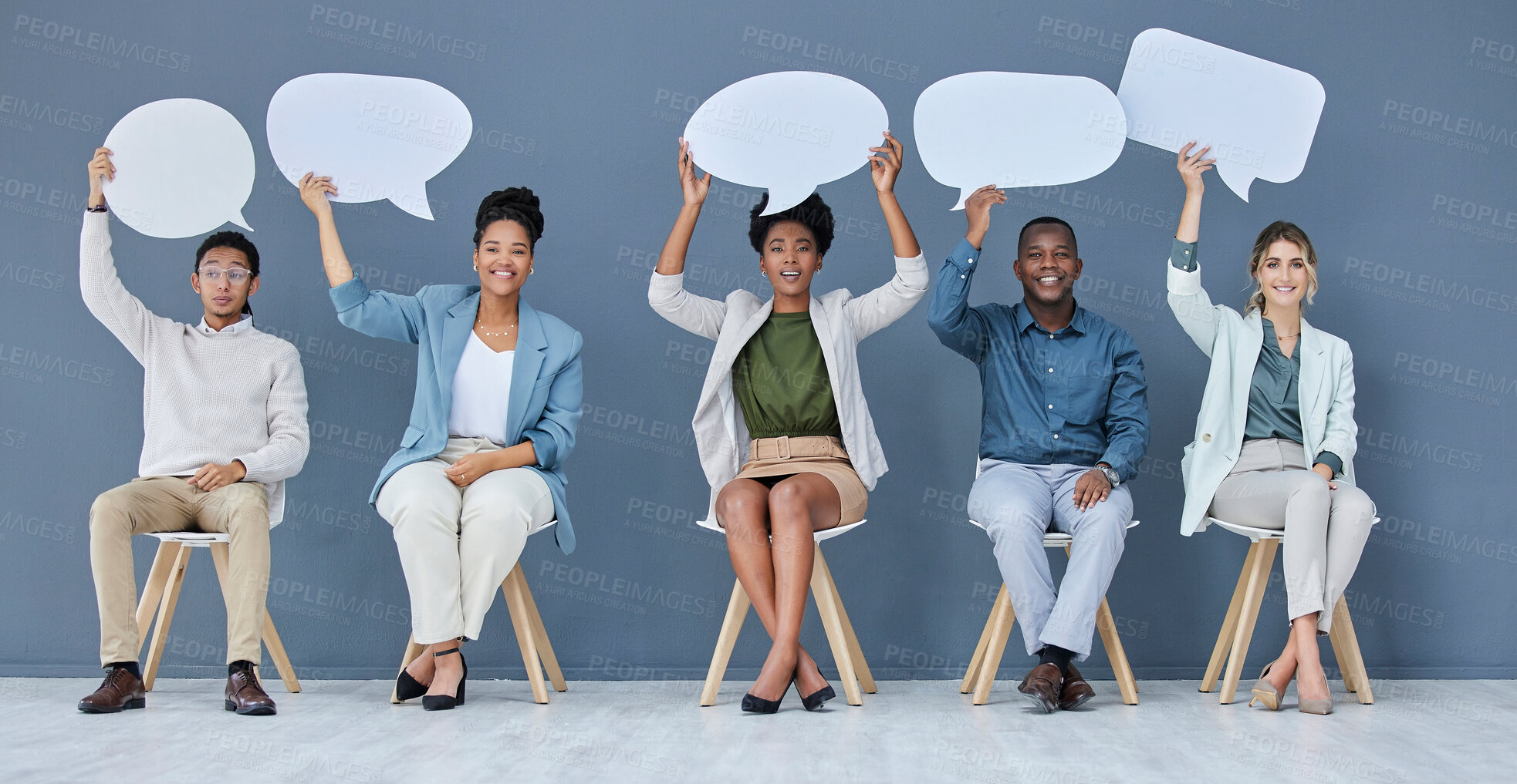 Buy stock photo Speech bubble, mockup and feedback communication with business people for social media, vote and review. Mock up portrait, chat sign and group of employees with voice, ideas and opinion for hiring.