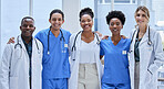 Team of doctors, diversity portrait and healthcare hospital services, mission and group values. Support, love and nurses or medical professional employees, black woman and face of USA clinic staff