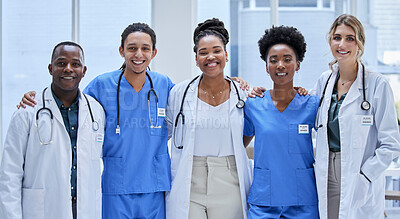 Buy stock photo Team of doctors, diversity portrait and healthcare hospital services, mission and group values. Support, love and nurses or medical professional employees, black woman and face of USA clinic staff