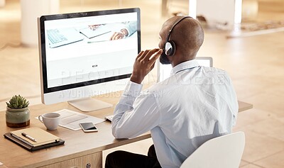 Buy stock photo Black man, call center and computer for tech support, communication and crm help at desk in office. Telemarketing expert, contact us and pc at desk for customer service for consulting on voip tech