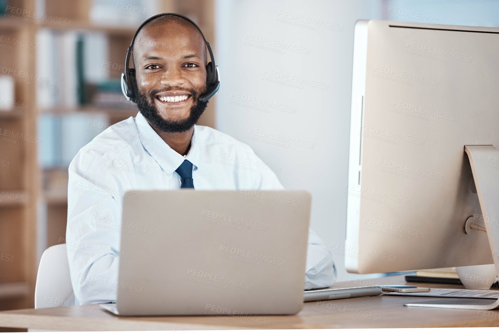 Buy stock photo Black man, call center portrait and smile by laptop for tech support, communication or crm goals. Telemarketing expert, contact us and computer at help desk for customer service in office for success
