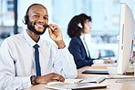 Crm portrait , telemarketing and black man on a ecommerce consultant office call. Customer service, web support and contact us employee with a smile from online call center job and communication