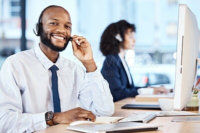 Buy stock photo Crm portrait , telemarketing and black man in a ecommerce consultant sales office. Customer service, web support and contact us employee with a smile from online call center job and communication