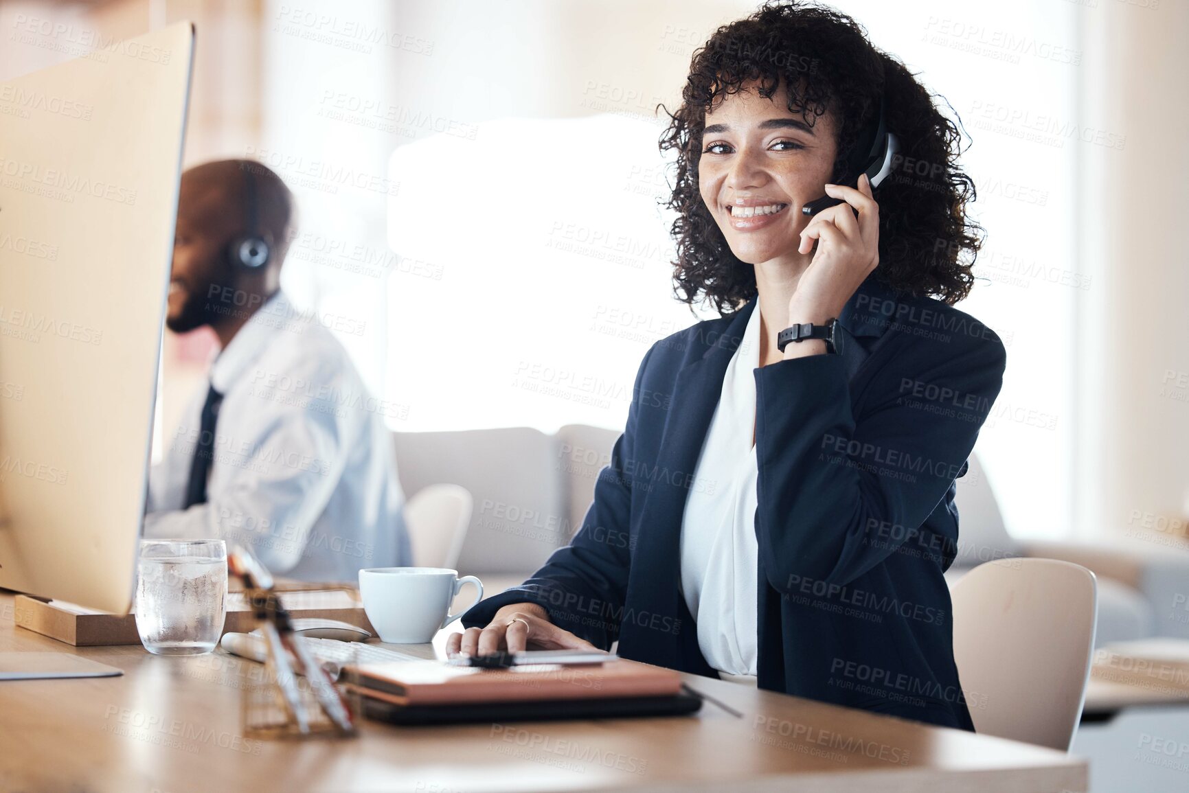Buy stock photo Crm, call center and black woman portrait of a lead generation worker on a office call. Customer service, web support and contact us employee with a smile from online consulting job and career