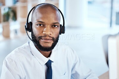 Buy stock photo Customer service consultant, face portrait and man telemarketing on contact us CRM or telecom mockup. Call center communication, African e commerce and information technology consulting on microphone