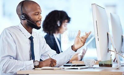 Buy stock photo Call center, business and black man with computer, telemarketing or talking to help with tech support. Corporate, African American male employee or consultant with headset, conversation and workplace
