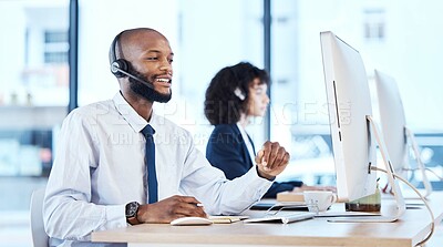 Buy stock photo Callcenter, customer service or black man on computer for customer support, consulting or networking in office. Manager, CRM or sales advisor on tech for telemarketing, research or contact us help
