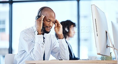 Buy stock photo Stress, anxiety and headache by consultant worker, customer service and call center employee in office. Pain, mental health and depressed telemarking agent overworked and frustrated at the workplace