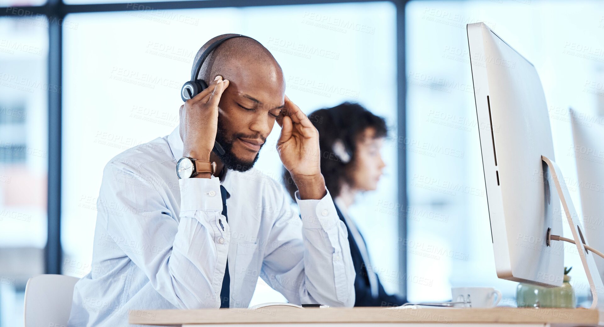 Buy stock photo Stress, anxiety and headache by consultant worker, customer service and call center employee in office. Pain, mental health and depressed telemarking agent overworked and frustrated at the workplace