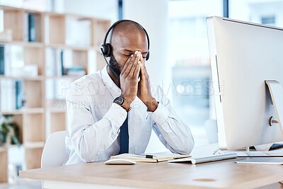 Buy stock photo Anxiety, depression and burnout by call center worker, employee and customer service consultant in office. Pain, mental health and telemarking agent overworked and frustrated at the workplace