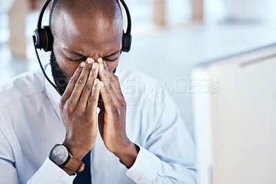 Buy stock photo Call center, headache and black man with stress and anxiety from telemarketing job in office. Online consultant, business man and contact us employee with burnout from customer service and allergies