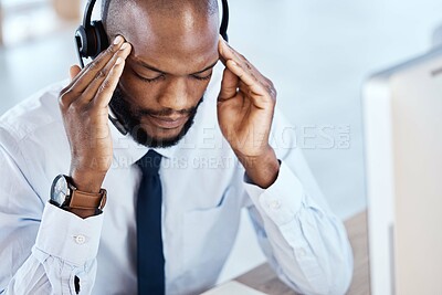 Buy stock photo Anxiety, burnout and headache by consultant worker, customer service and call center employee in office. Pain, mental health and depressed telemarking agent overworked and frustrated at the workplace