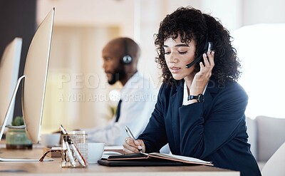 Buy stock photo Call center, black woman and writing of a crm, contact us and telemarketing employee. Consultant, web support and computer communication of an online consulting agent working on customer service