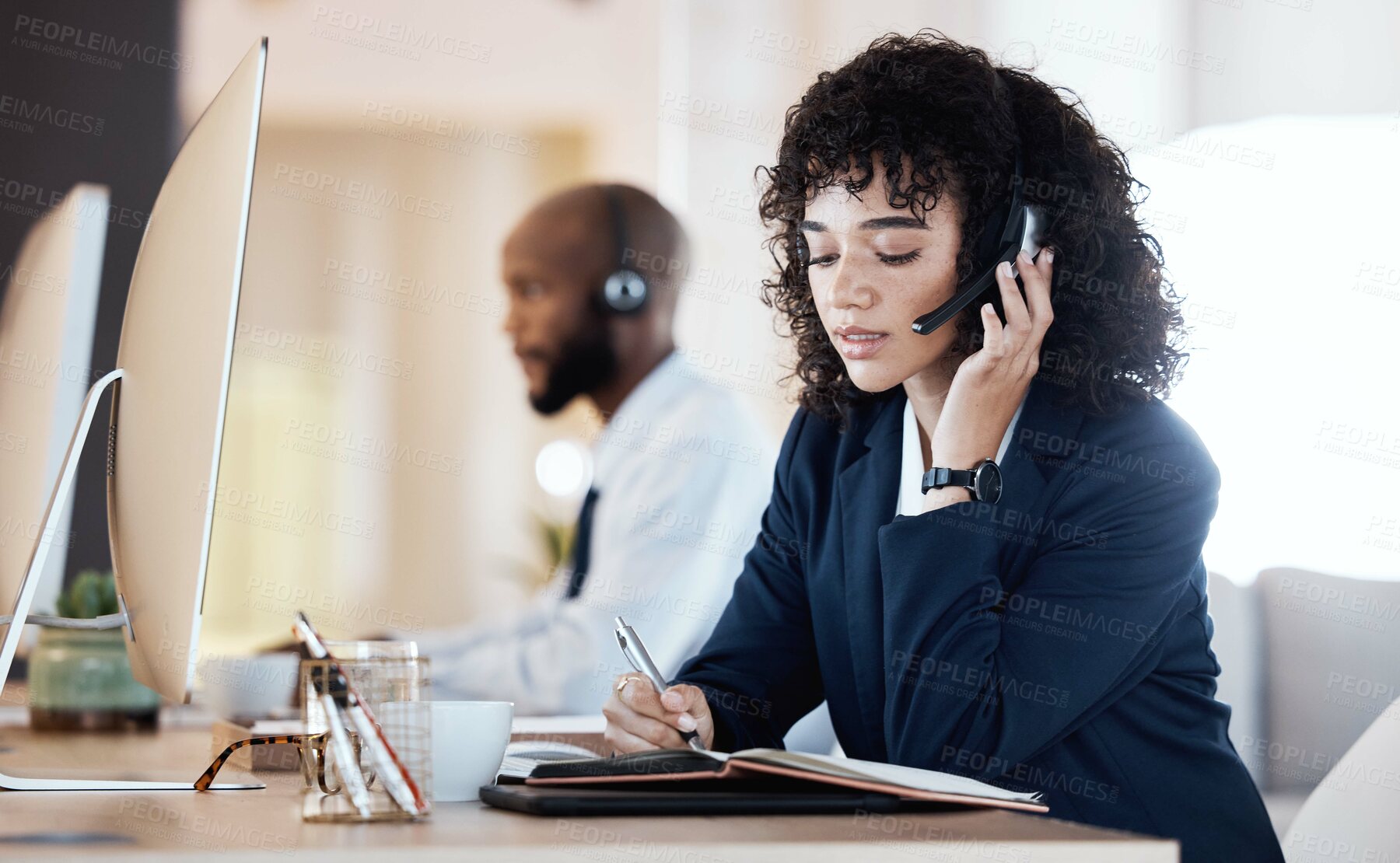 Buy stock photo Call center, black woman and writing of a crm, contact us and telemarketing employee. Consultant, web support and computer communication of an online consulting agent working on customer service