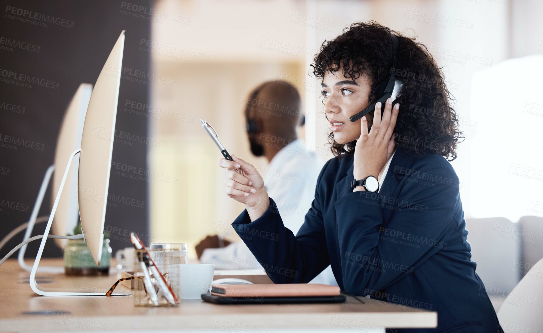 Buy stock photo Business, black woman and call center for customer service, talking and help with tech support. African American female employee, agent and consultant with computer, discussion and help client online