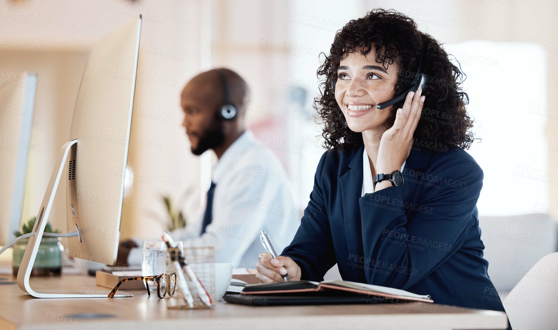 Buy stock photo Crm, call center and black woman communication of a lead generation worker on a office call. Customer service, web support and thinking contact us employee with a smile from online consulting job