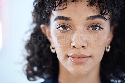 Buy stock photo Black woman, headshot portrait and office for vision, focus or motivation for job in finance company. Young gen z worker, face or thinking for career goal, mission or ambition for success at agency