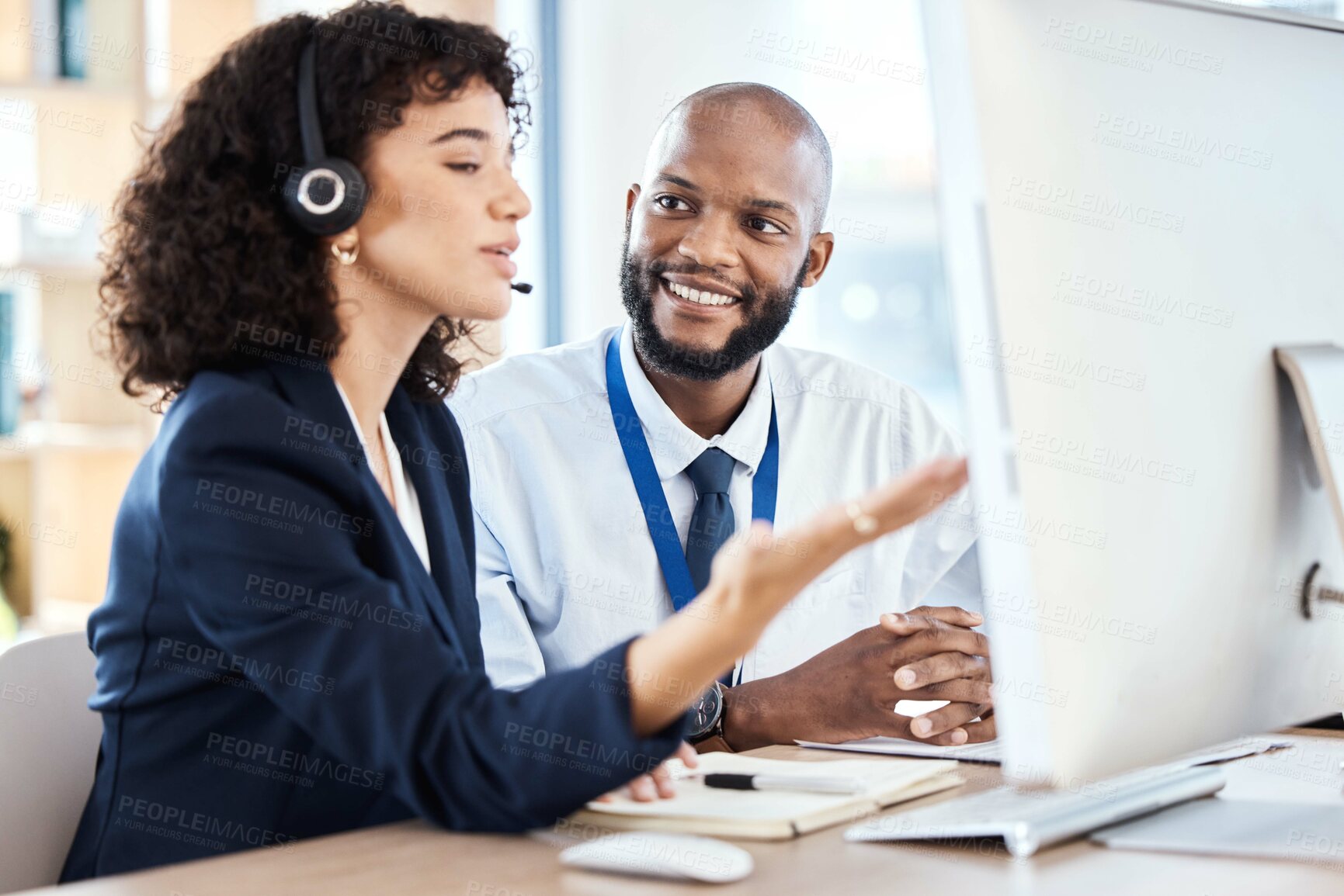 Buy stock photo Callcenter, customer service or teamwork on computer for coaching, consulting or networking in office. Manager, learning or black man and woman on tech for telemarketing, research or strategy support
