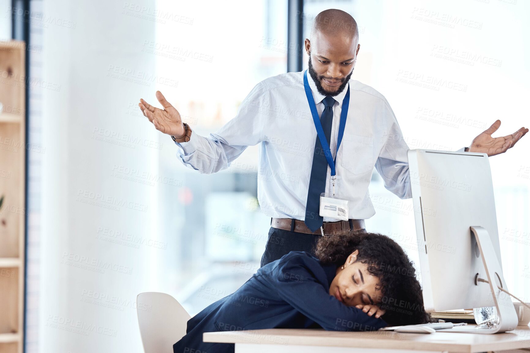 Buy stock photo Lazy, boss and businesswoman or worker sleeping in office while frustrated or confused black man and manager watch. Employee burnout, fatigue and asleep, exhausted and overworked with angry colleague