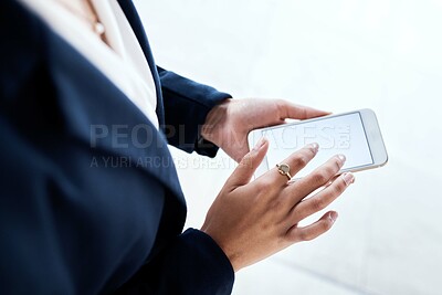 Buy stock photo Mockup, phone and hands of business woman texting, advertising and copy space on white background. Space, branding and smartphone screen with lady browsing, internet and search, app and website 