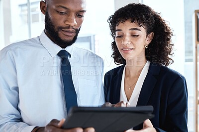 Buy stock photo Office tablet, business collaboration and black people review finance portfolio feedback, stock market or investment. Financial economy, forex account manager or trader trading NFT, bitcoin or crypto