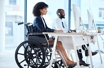 Buy stock photo Call center, computer consulting and wheelchair woman telemarketing on contact us CRM or e commerce telecom. Customer service, disability and information technology consultant on online communication
