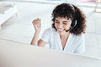 Buy stock photo Customer service computer, consulting celebration and happy woman telemarketing on contact us CRM or telecom. Call center fist pump, online ecommerce sale or excited information technology consultant