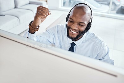 Buy stock photo Customer support computer, consulting celebration or happy man telemarketing on contact us CRM or African telecom. Call center fist pump, online ecommerce or excited information technology consultant