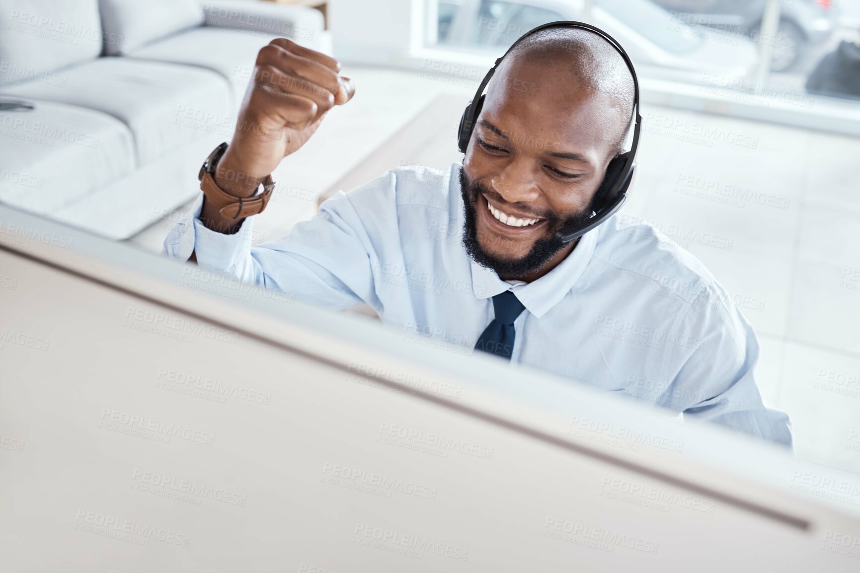 Buy stock photo Customer support computer, consulting celebration or happy man telemarketing on contact us CRM or African telecom. Call center fist pump, online ecommerce or excited information technology consultant