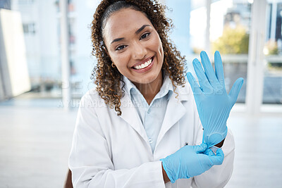 Buy stock photo Black woman, scientist and medical research, gloves and hands, smile in portrait with safety and health science. Healthcare, doctor and hygiene, prepare for test or exam with experiment and PPE