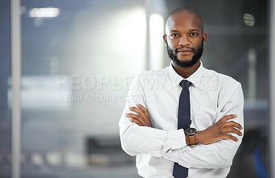 Buy stock photo Office portrait, confidence and business man, trader or leader with pride in mission, corporate vision or broker career. Administration mockup, manager success and African person with crossed arms