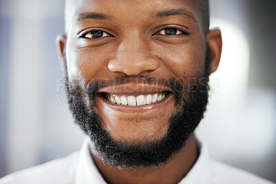 Buy stock photo Portrait of black man smile for teeth whitening results, dental medical insurance and healthcare in USA. Happy person or young professional with mouth cleaning services in face, headshot for about us